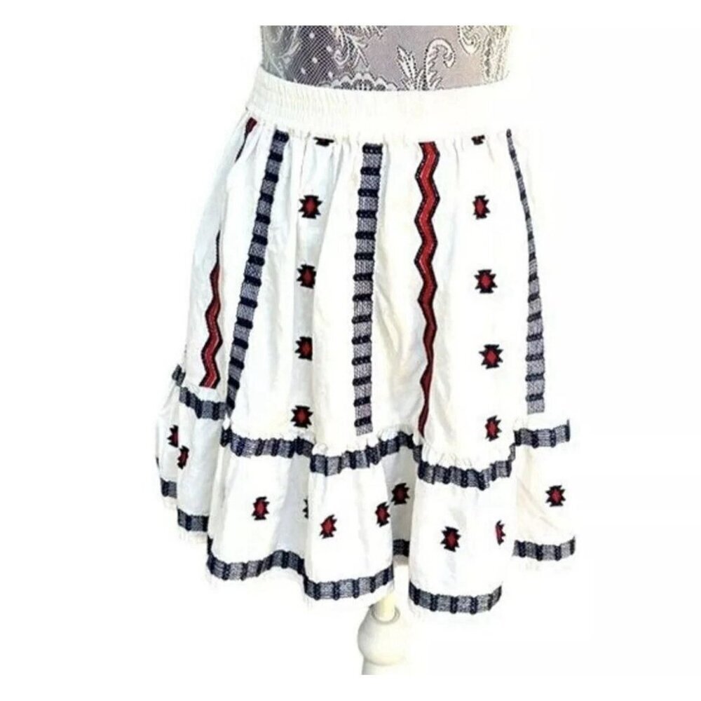 Loft Women’s Medium Embroidered Linen Blend Boho Ruffle Elastic Waist Mini Skirt
